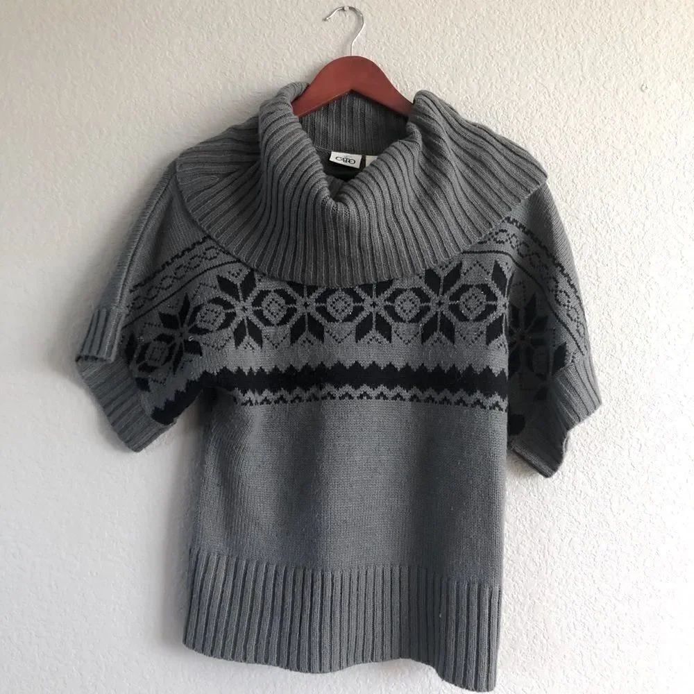 Cato Gray Printed Draped Cowl Neck Winter Snowflake Sweater S